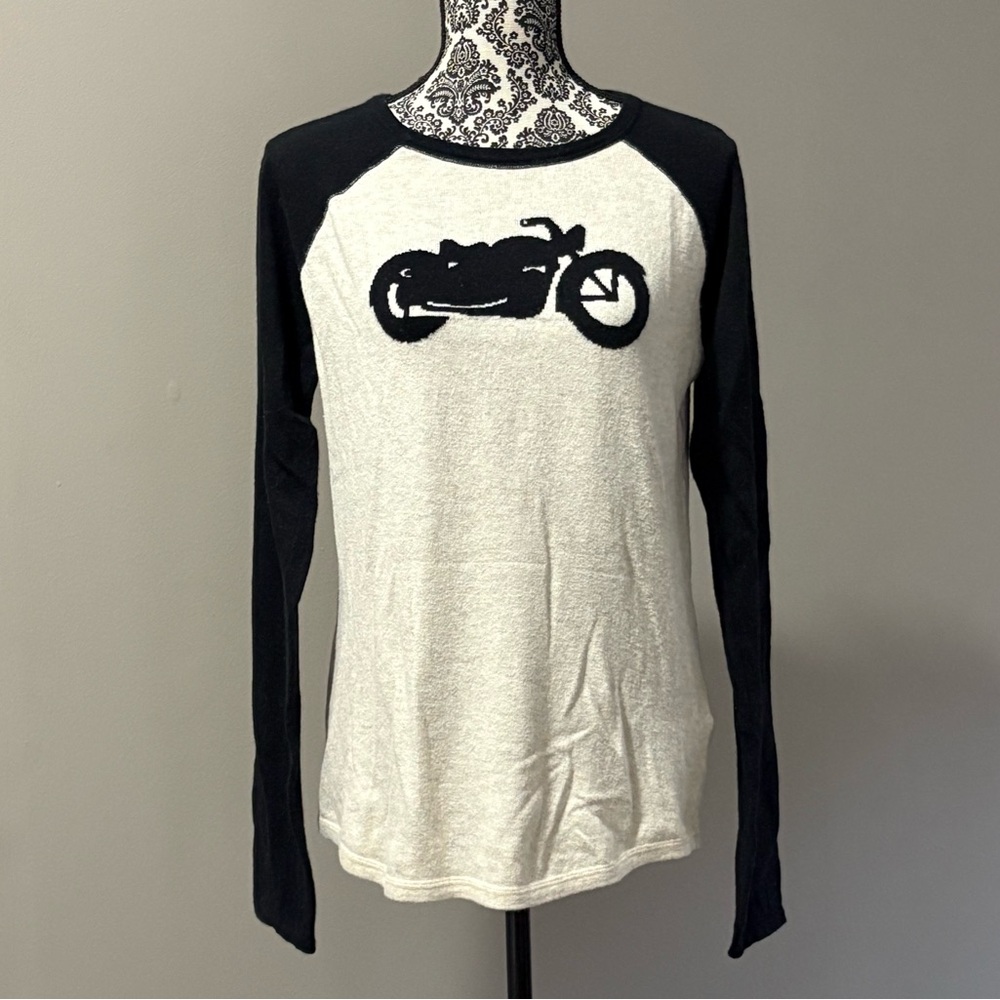 Lucky brand cotton/cashmere black and cream motorcycle raglan sweater size L